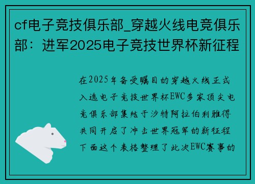 cf电子竞技俱乐部_穿越火线电竞俱乐部：进军2025电子竞技世界杯新征程
