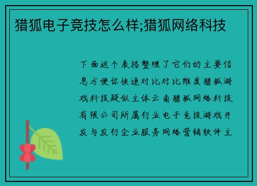 猎狐电子竞技怎么样;猎狐网络科技